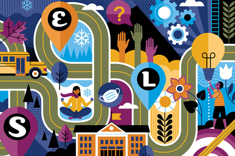 A colorful illustration shows a winding road to social emotional learning in schools. The letters "S," "E" and "L" are inside of map pins along the road.