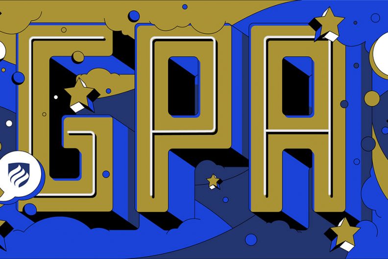 An illustration with "GPA" in large block letters. Graduate school GPA, or grade point average, does matter for your future.