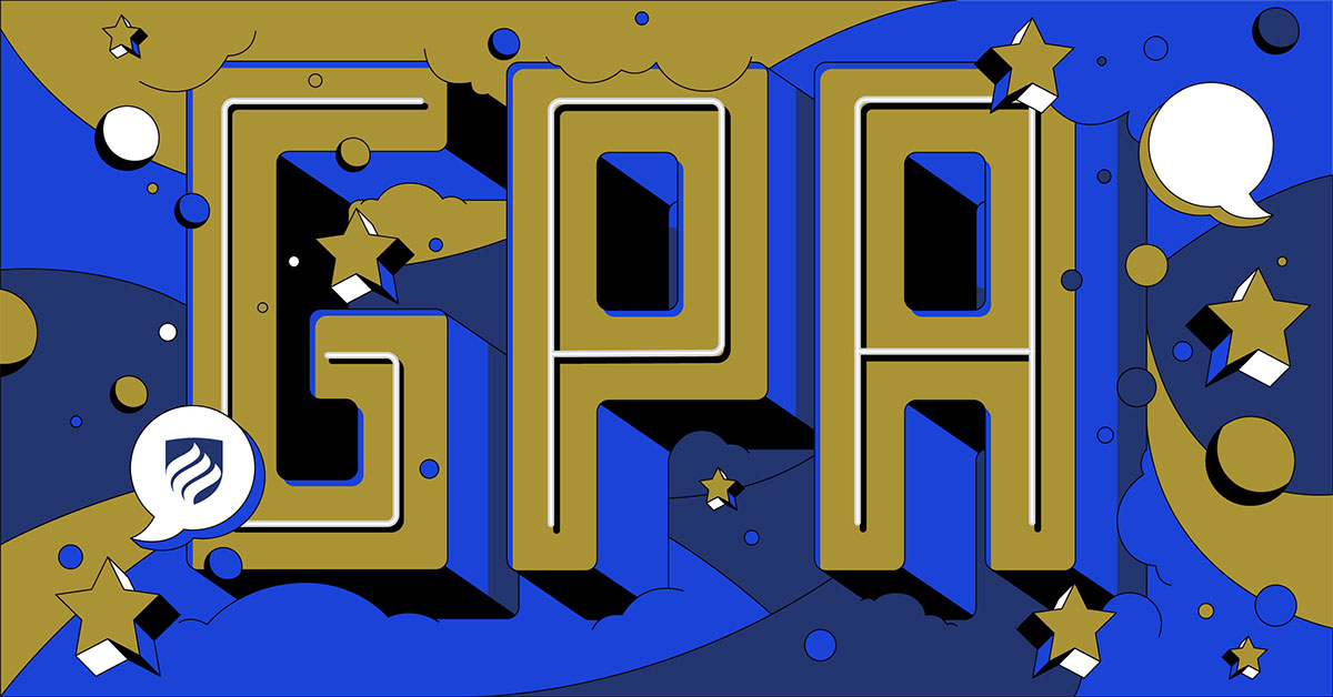 An illustration with "GPA" in large block letters. Graduate school GPA, or grade point average, does matter for your future.