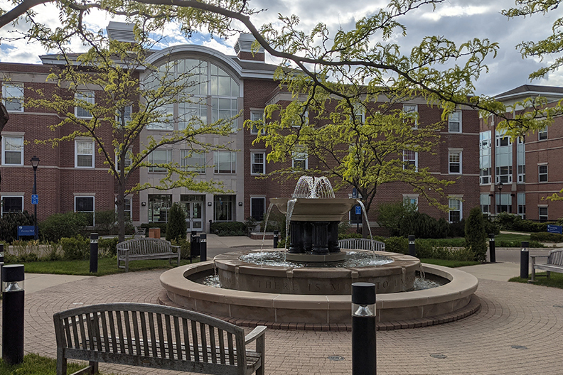 Alumni Fountain on the campus of Elmhurst University.