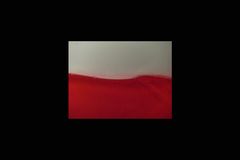 A photo of red-dyed water forming waves in a tank.