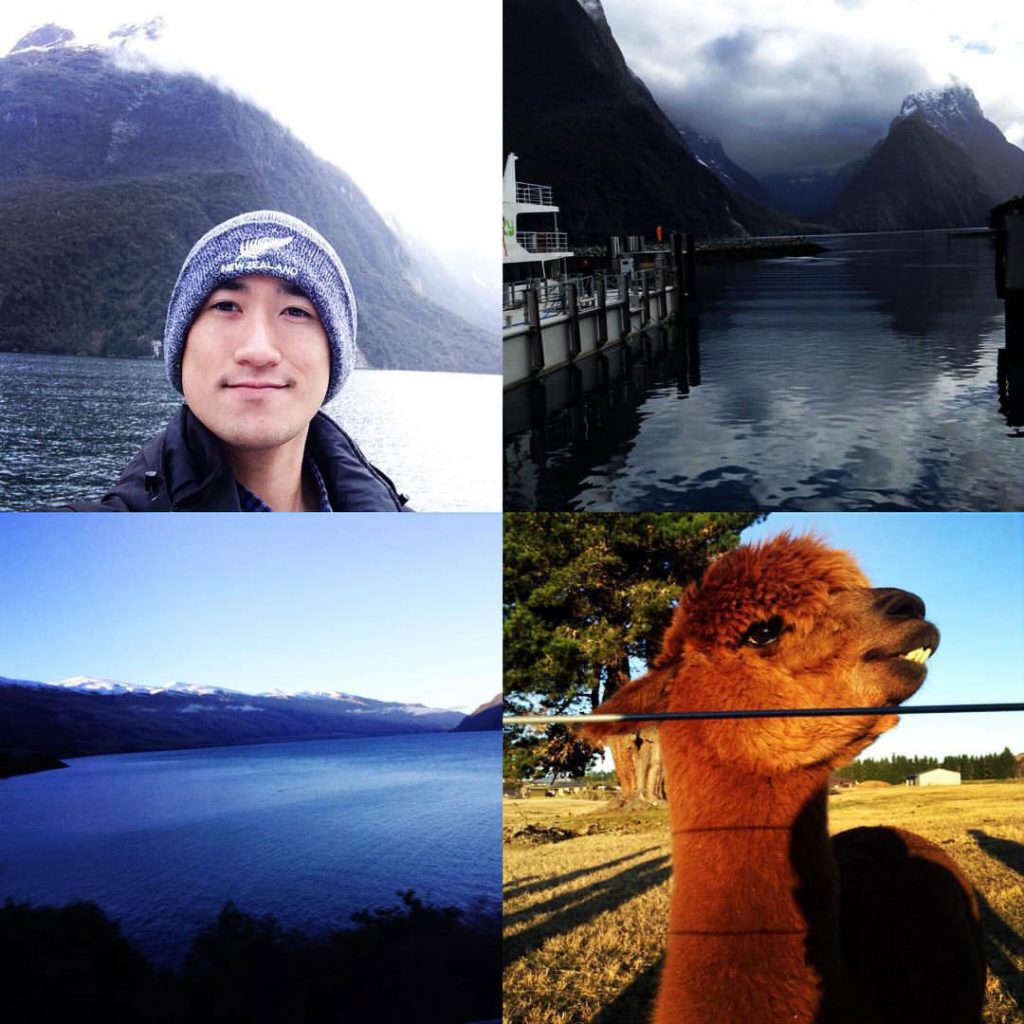 Elmhurst University alumnus Allen Riquelme shares a photo montage from his travels, including a llama and a mountain shrouded in mist.