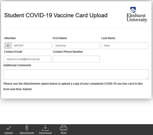 Screen shot of a vaccine card upload form with information blurred out.