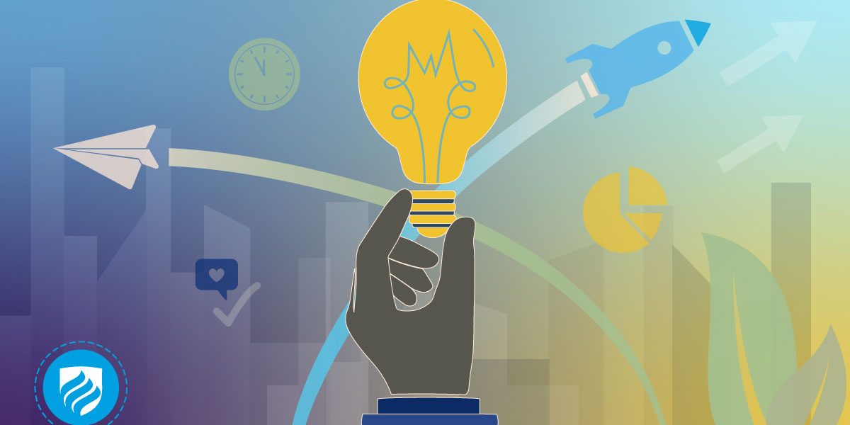 An illustration of a hand holding up a lightbulb to signify how to learn entrepreneurship.