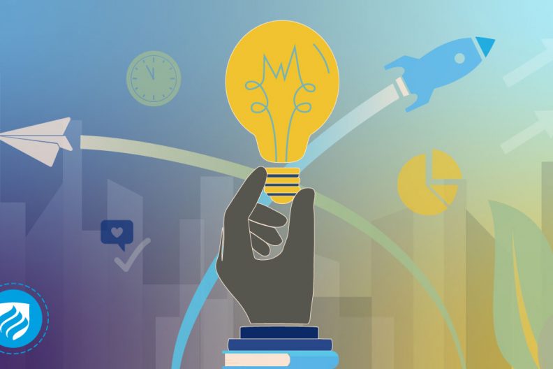 An illustration of a hand holding up a lightbulb to signify how to learn entrepreneurship.