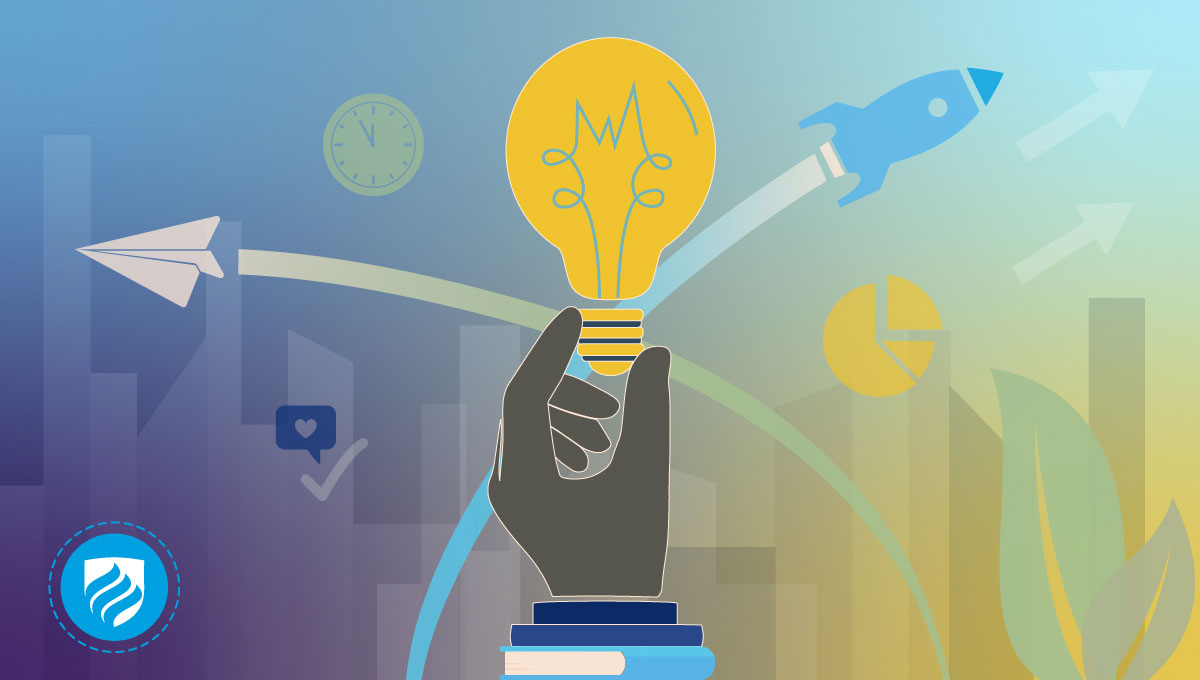 An illustration of a hand holding up a lightbulb to signify how to learn entrepreneurship.