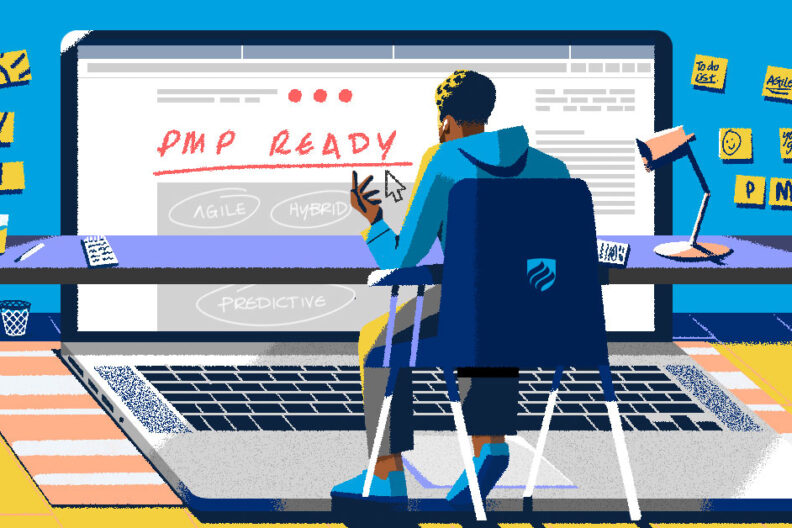 An illustration of someone looking up "What is the PMP exam?" on an oversize laptop.