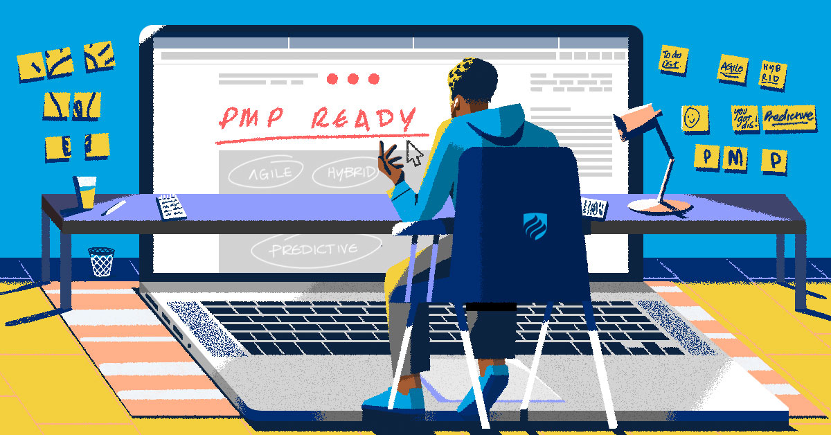 An illustration of someone looking up "What is the PMP exam?" on an oversize laptop.