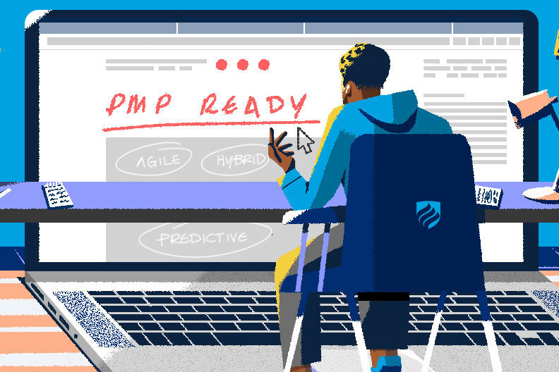 An illustration of someone looking up "What is the PMP exam?" on an oversize laptop.