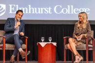 TV personalities Bill and Giuliana Rancic speak on the campus of Elmhurst University in 2018.