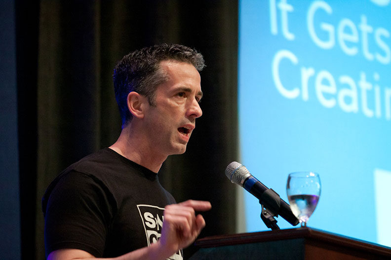 Savage Love writer Dan Savage speaks on the campus of Elmhurst University in 2012.