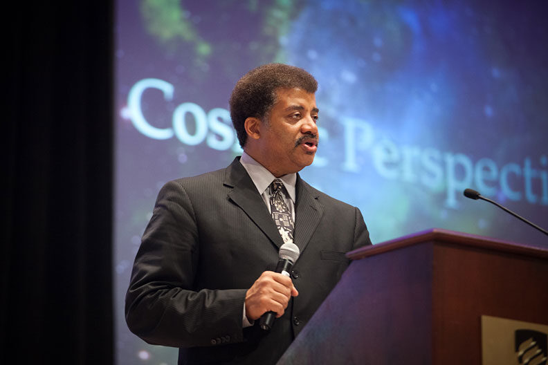 "Cosmos" host Neil deGrasse Tyson speaks on the campus of Elmhurst University in 2013.