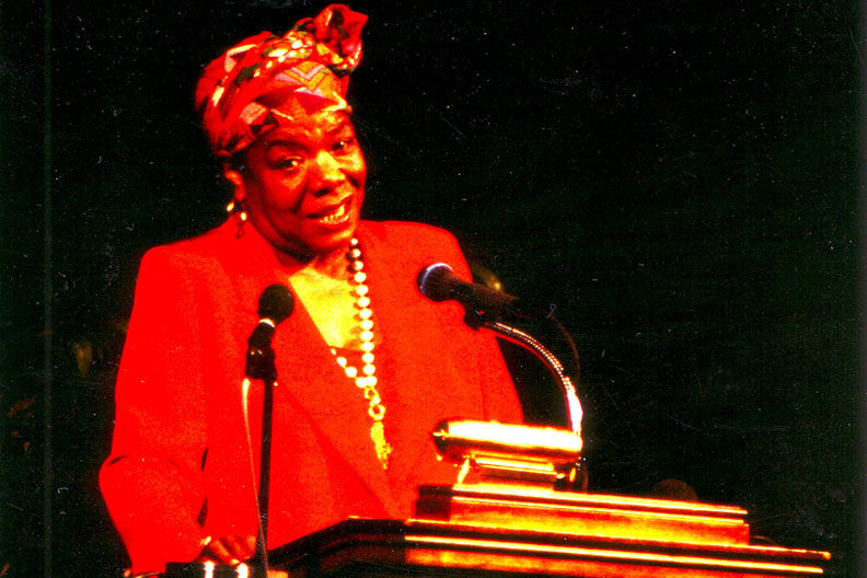 Poet laureate Maya Angelou spoke at Elmhurst University in 1996.