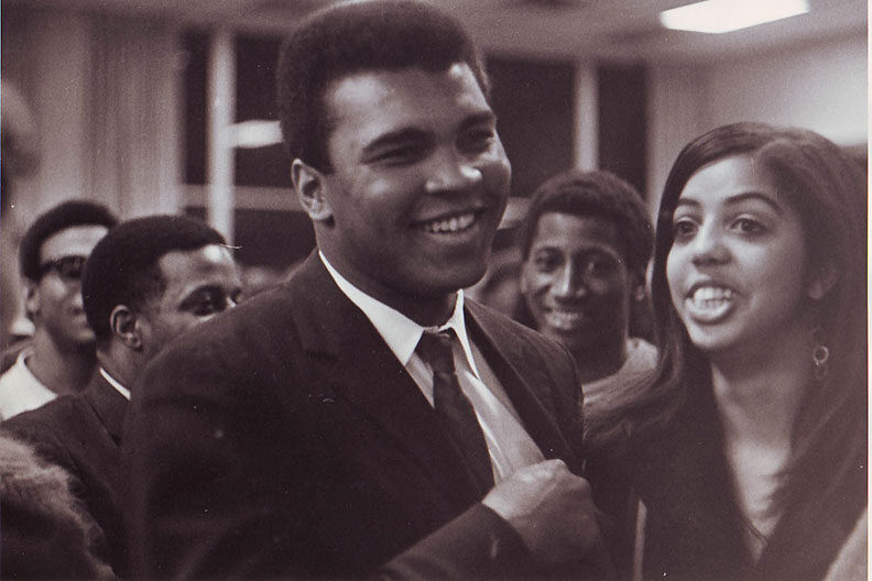 Boxing legend Muhammad Ali appears on the campus of Elmhurst University in 1969.