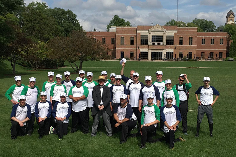 A team photo of the players in the 2021 Elmhurst Vintage Baseball Game on the campus of Elmhurst University.