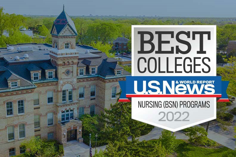 Decorative image of the Elmhurst University campus with a U.S. News and World Report "Best Colleges" logo.