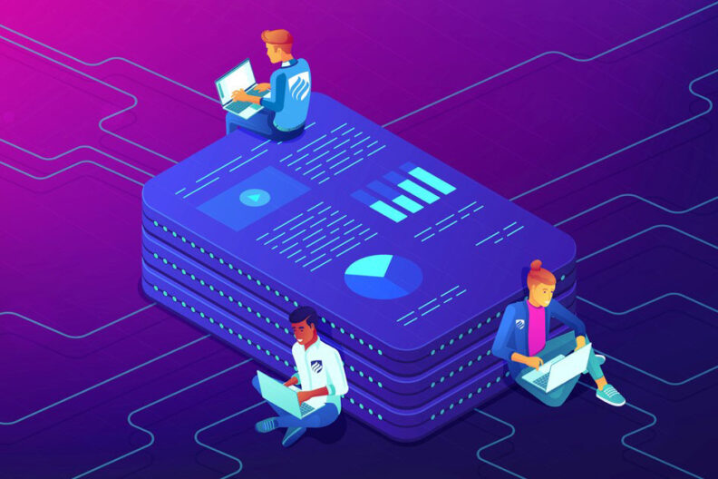 An illustration showing three students using data science skills while sitting on a blue tablet that is displaying charts and graphs..