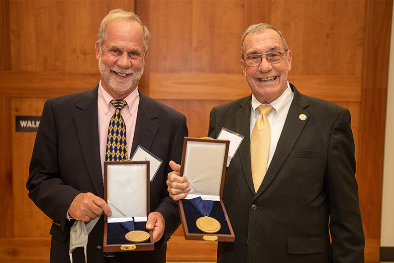 Robert Jans and Timothy Jans '74 with their Founders Medals at the 2021 Founders Recognition Evening.