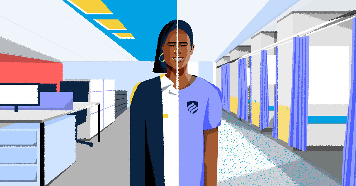 A nurse MBA is shown with the left half of her in a business setting and the right half in a hospital setting.