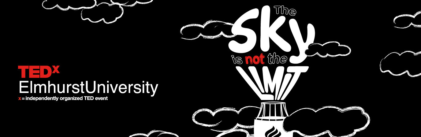 The TEDxElmhurstUniversity theme, The Sky Is Not The Limit illustration of a hot air balloon rising above the clouds.