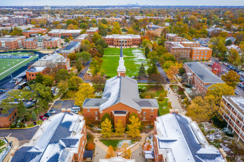Aerial view of the west side of Hammerschmidt Memorial Chapel on the campus of Elmhurst University in Elmhurst, IL.