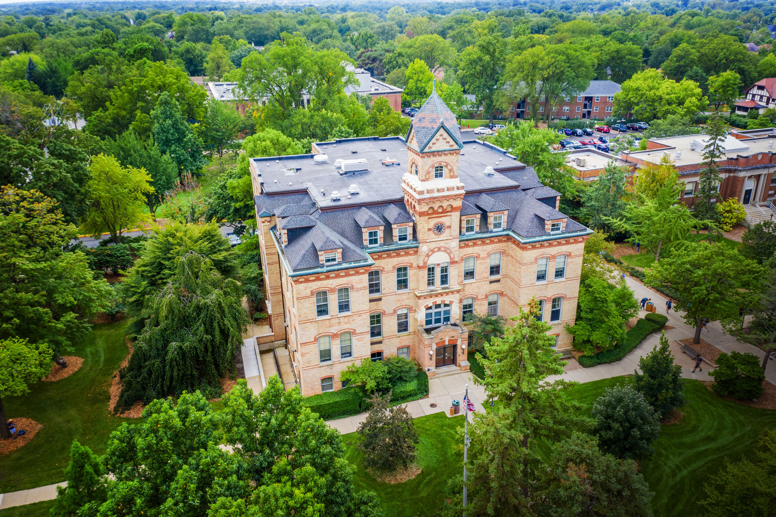 Aerial view of the front of the Old Main building on the campus of Elmhurst University in Elmhurst, IL.