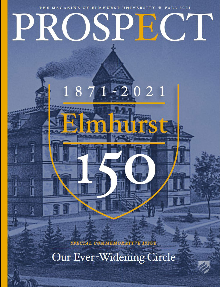 The cover of the Fall 2021 issue of Elmhurst University's Prospect Magazine, featuring its 150th anniversary logo.