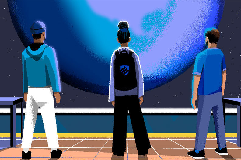 An illustration shows three students thinking about the differences between physics and engineering degrees.