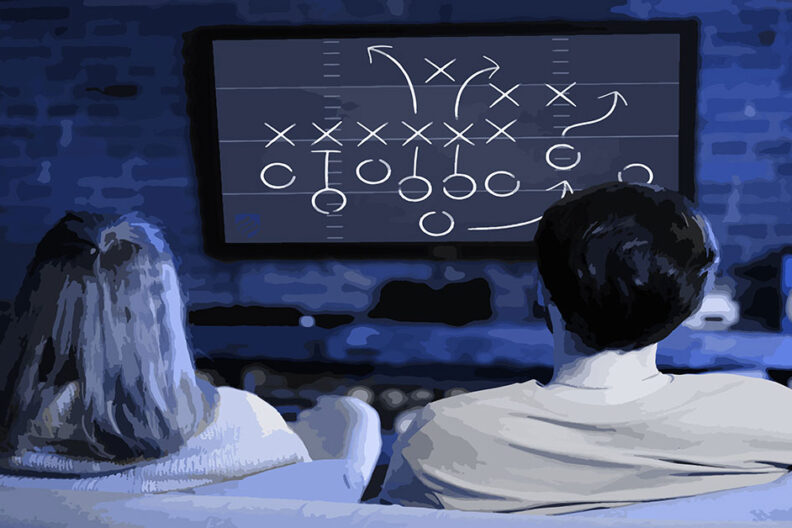 A couple watches a TV with a football play diagram to illustrate NCAA football TV ratings.