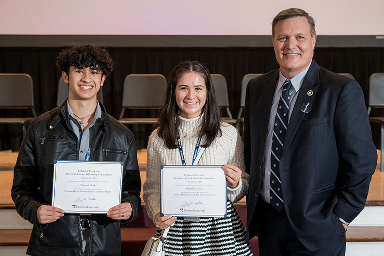 Winners of the American Dream Fellowship Competition Alejandra Galvan and Tristan Calvillo with President Troy VanAken