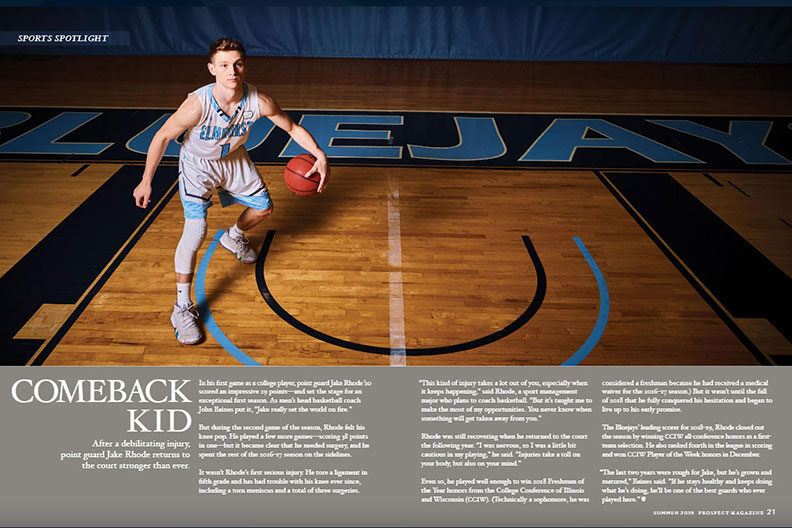 A photo of a magazine article about Elmhurst University men's basketball player Jake Rhode.