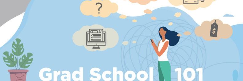 An illustration of a woman considering applying to grad schools and weighing the different factors that will influence her decision.