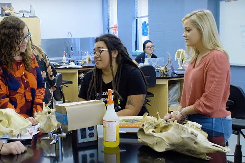 Elmhurst University students have a discussion with a professor in a science classroom on campus.