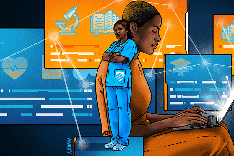 An illustration shows a Black female student making the transition to nursing.