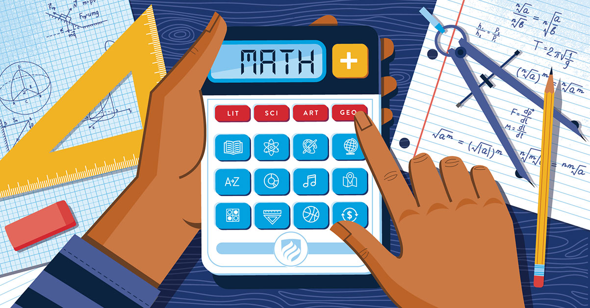 An illustration of a calculator shows how math education can be combined with other subject areas to enhance student learning.
