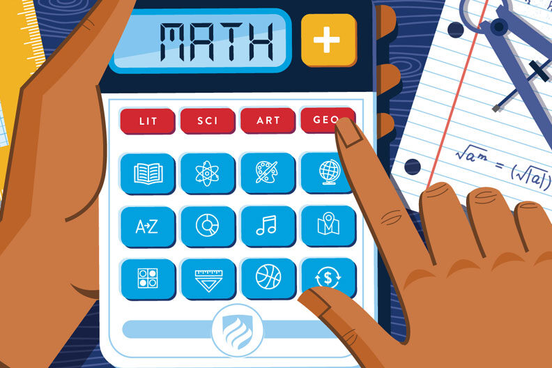 An illustration of a calculator shows how math education can be combined with other subject areas to improve student learning.