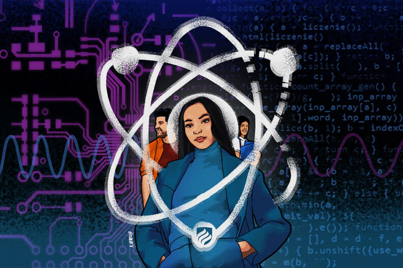 An illustration of an atom with three students inside it represents the bond between studying physics and electrical engineering.