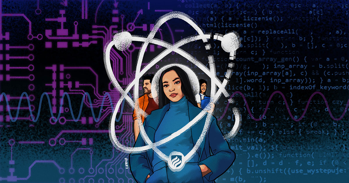 An illustration of an atom with three students inside it represents the bond between studying physics and electrical engineering.