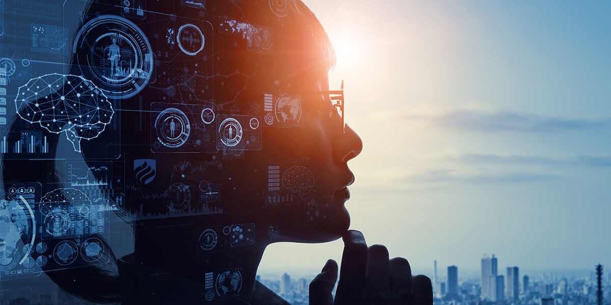 An illustration shows a woman's head in profile in a thinking posture, with icons representing business analytics and data points superimposed. The sun over a city skyline is in the background.