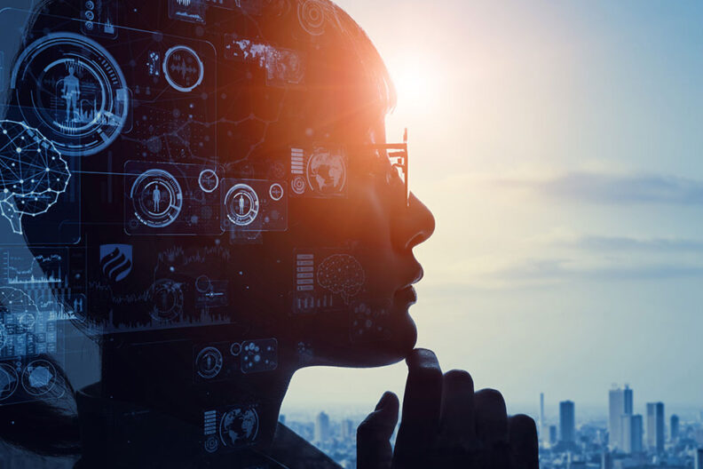 An illustration shows a woman's head in profile in a thinking posture, with icons representing business analytics and data points superimposed. The sun over a city skyline is in the background.