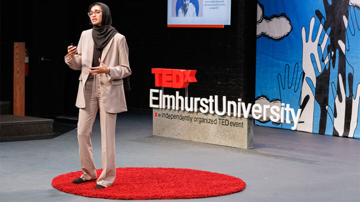 Shahnaaz Sakkaria speaks onstage during the inaugural TedxElmhurstUniversity event.