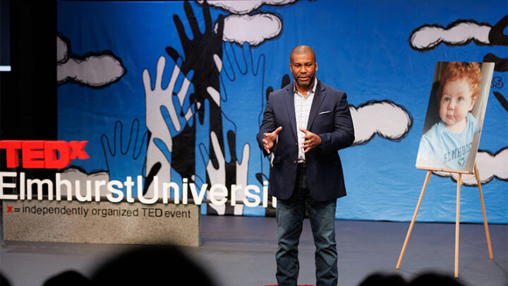 Wes Becton speaks onstage during the inaugural TedxElmhurstUniversity event.