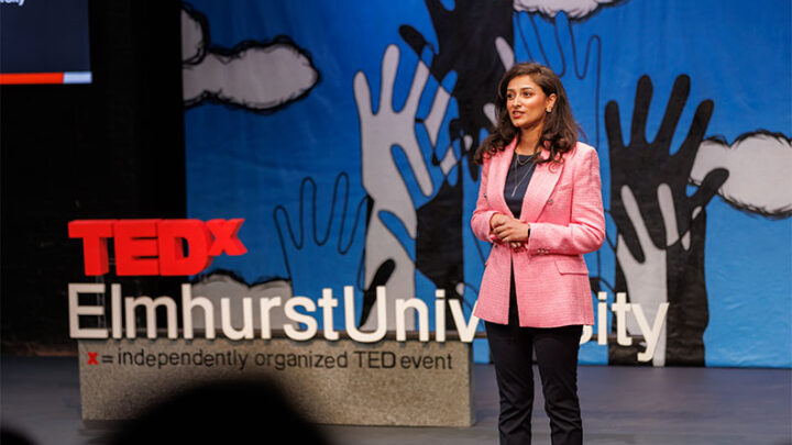 Zoya Kahn speaks during the first TEDxElmhurstUniversity event in 2022.