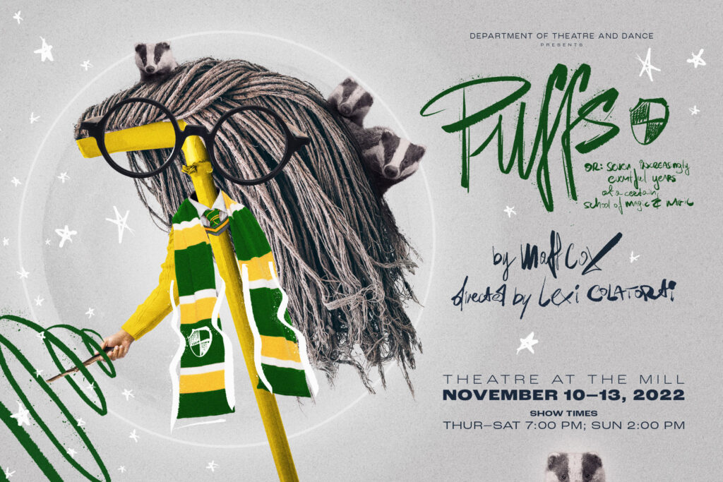 Promotional poster for PUFFS theatre production at Elmhurst University.
