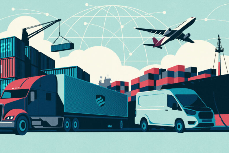 Illustration depicting some of the things involved in global supply chain management: a shipping container on a crane, a long-haul truck, a delivery van, a cargo airplane, and a ship loaded with containers on its deck.