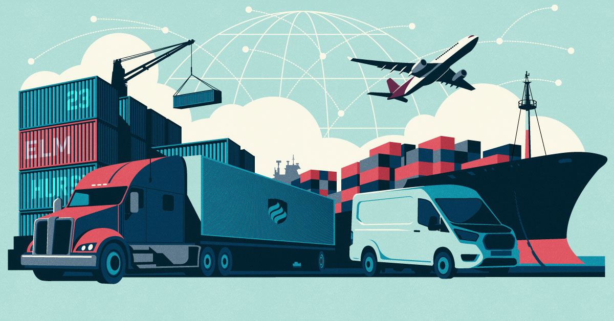 Illustration depicting some of the things involved in global supply chain management: a shipping container on a crane, a long-haul truck, a delivery van, a cargo airplane, and a ship loaded with containers on its deck.