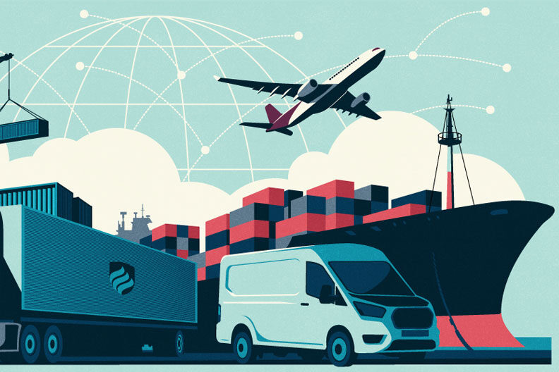 Illustration depicting some of the things involved in global supply chain management: a shipping container on a crane, a long-haul truck, a delivery van, a cargo airplane, and a ship loaded with containers on its deck.
