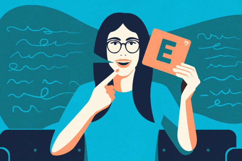 Illustration of a female speech language pathologist holding a card with the letter "E" on it.