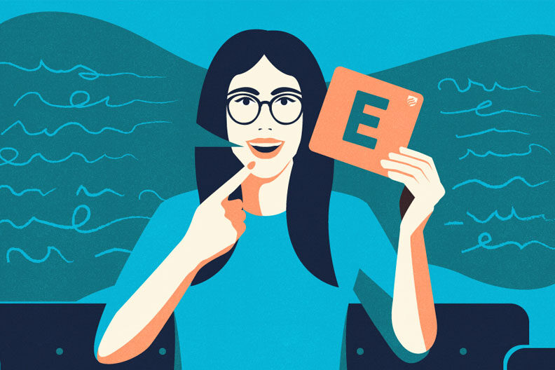 Illustration of a female speech language pathologist holding a card with the letter "E" on it.