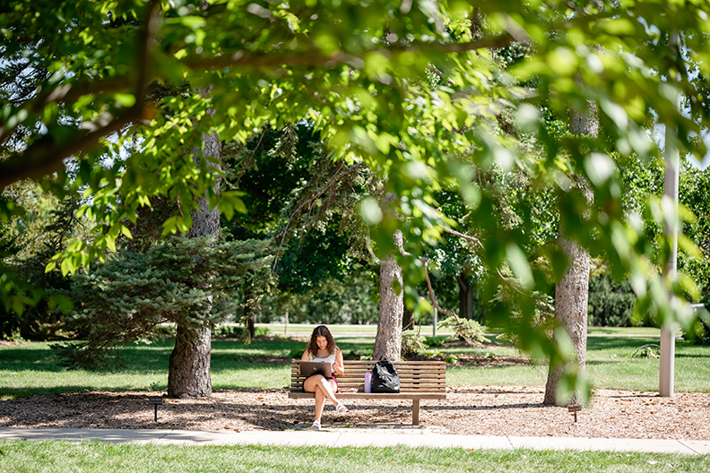 Student sitting on bench, Elmhurst University